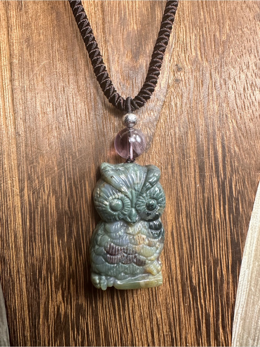 Agate Owl Carving Pendant Necklace on Long Brown Rope